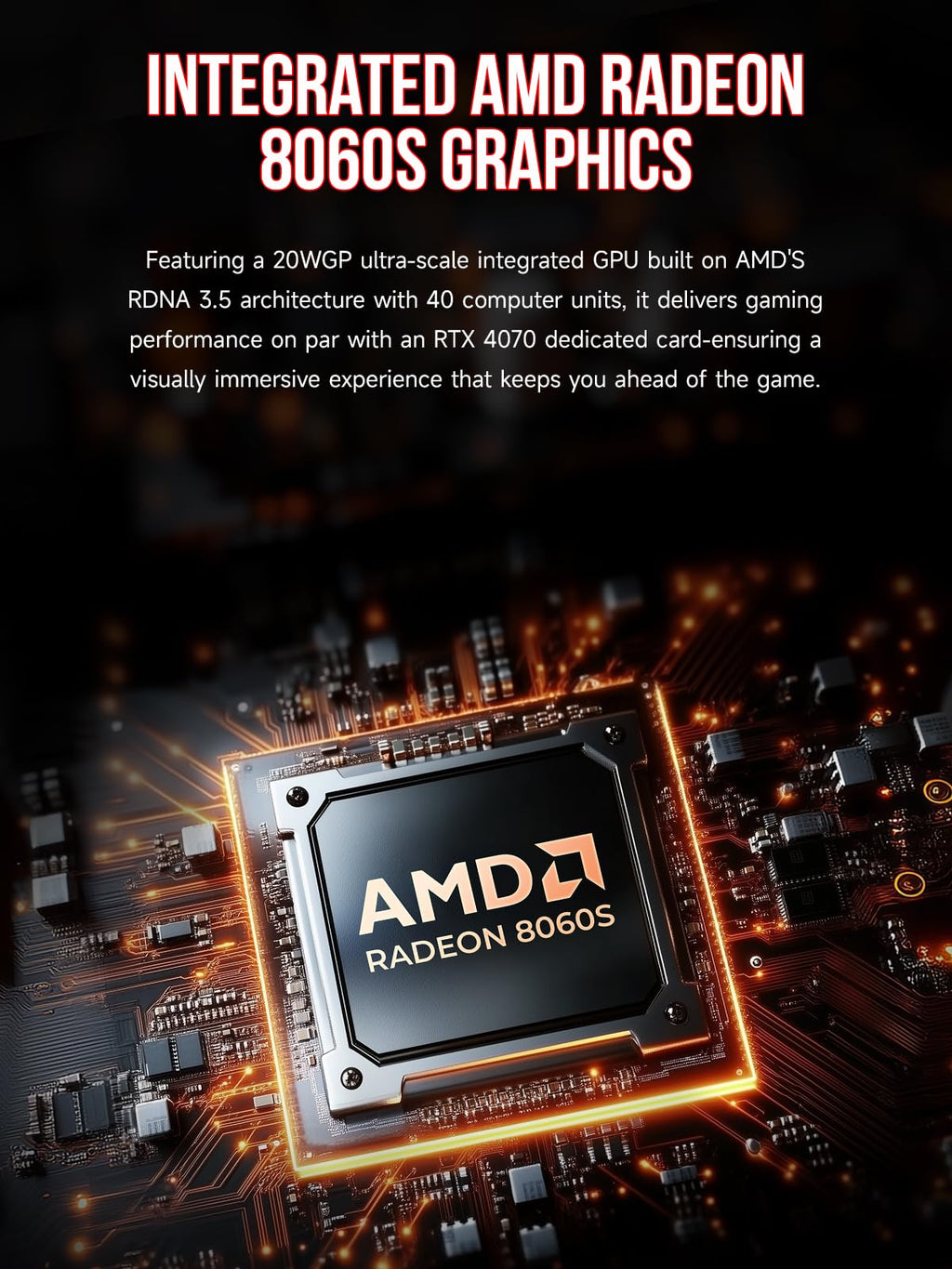 AMD Radeon 8060S graphics card with glowing effects on a dark background