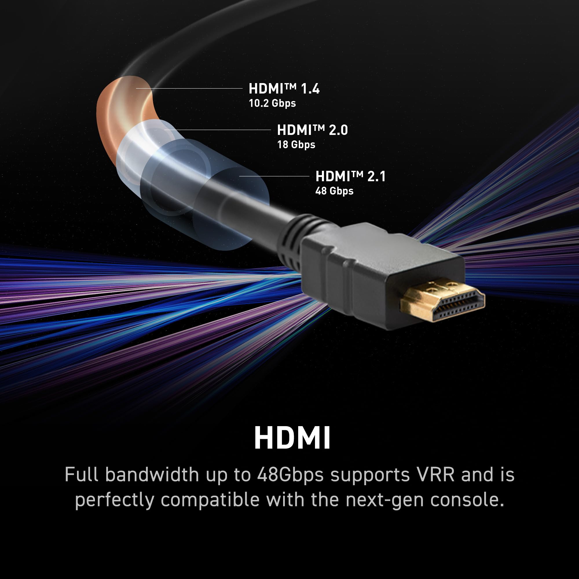 HDMI cable with specifications on a black background