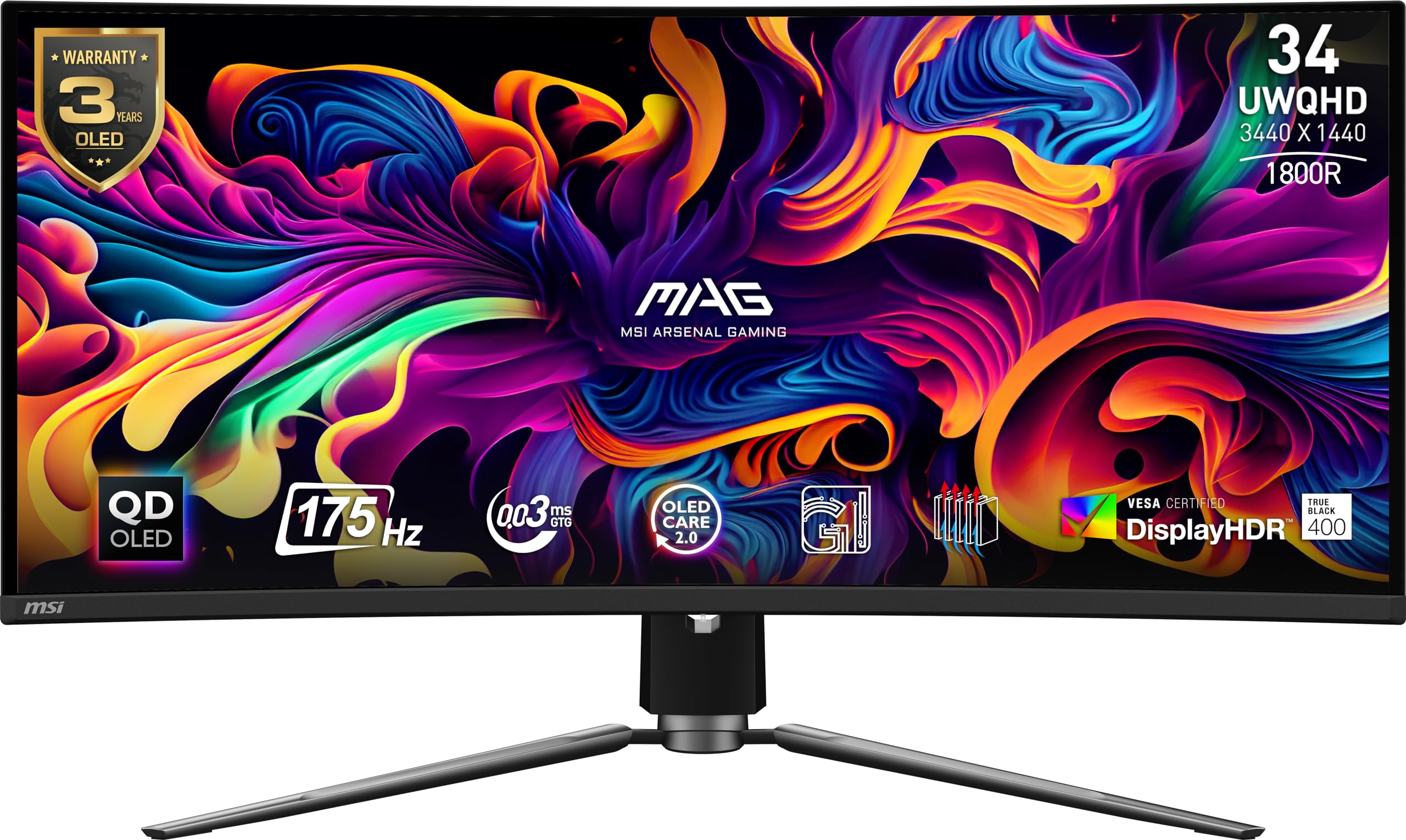 Gaming monitor with colorful display and branding on a black stand