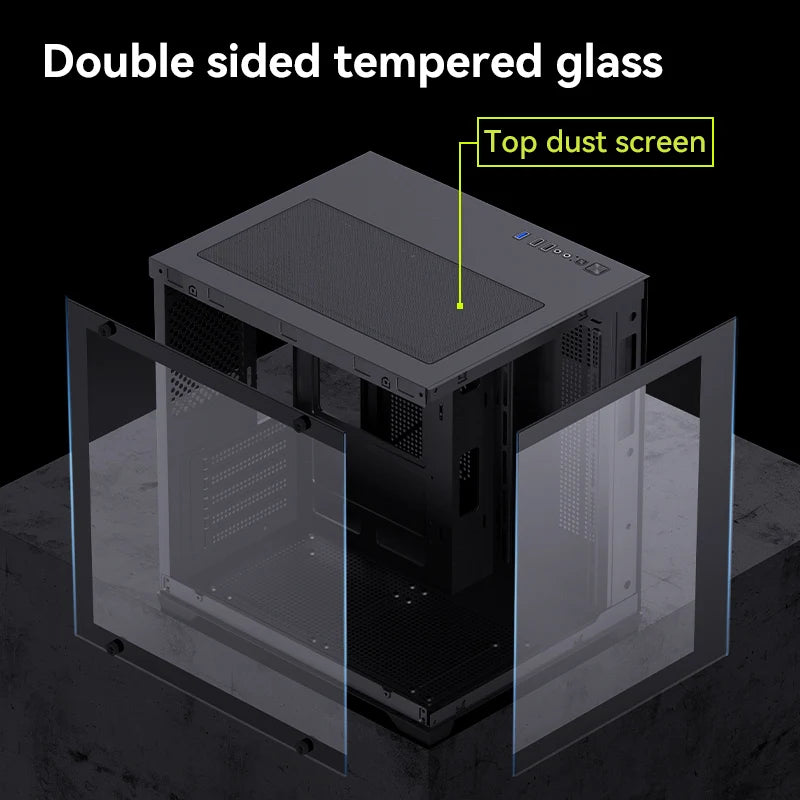Computer case with double-sided tempered glass and top dust screen on a black background