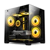 Computer case with yellow accents on a black background