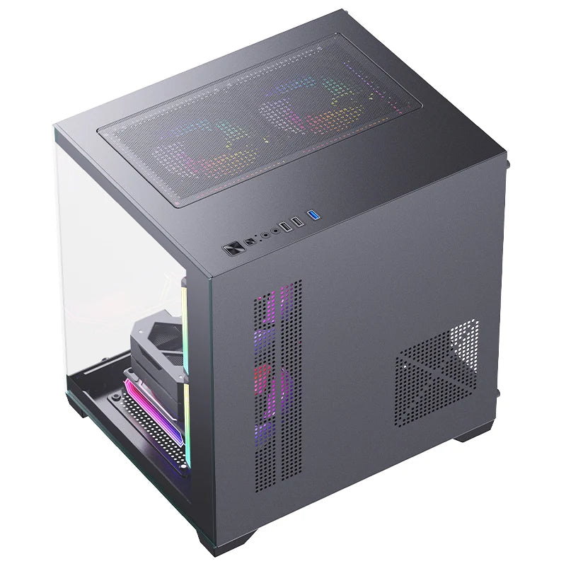 Computer case with RGB lighting on a white background