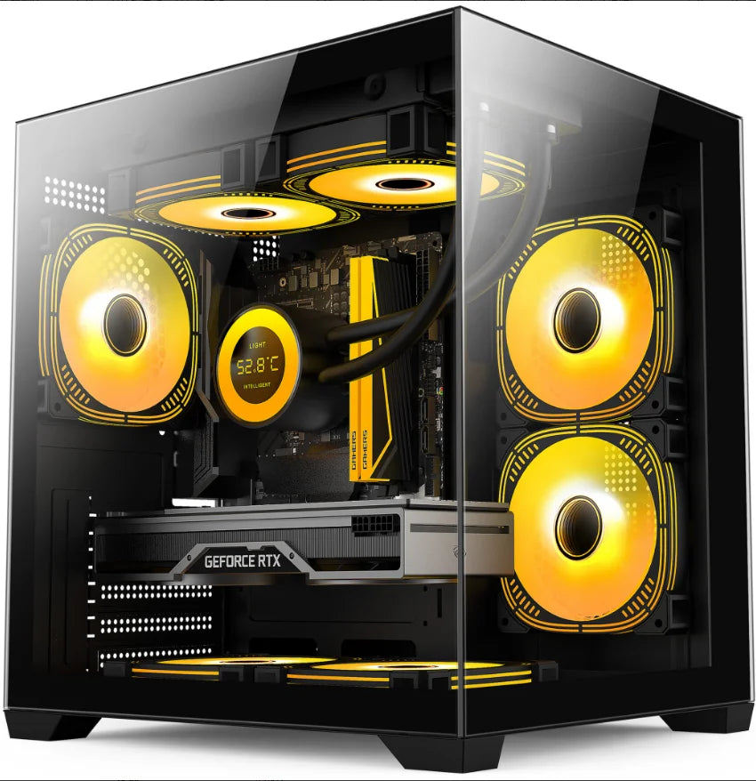 Glossy black computer case with yellow fans on a white background