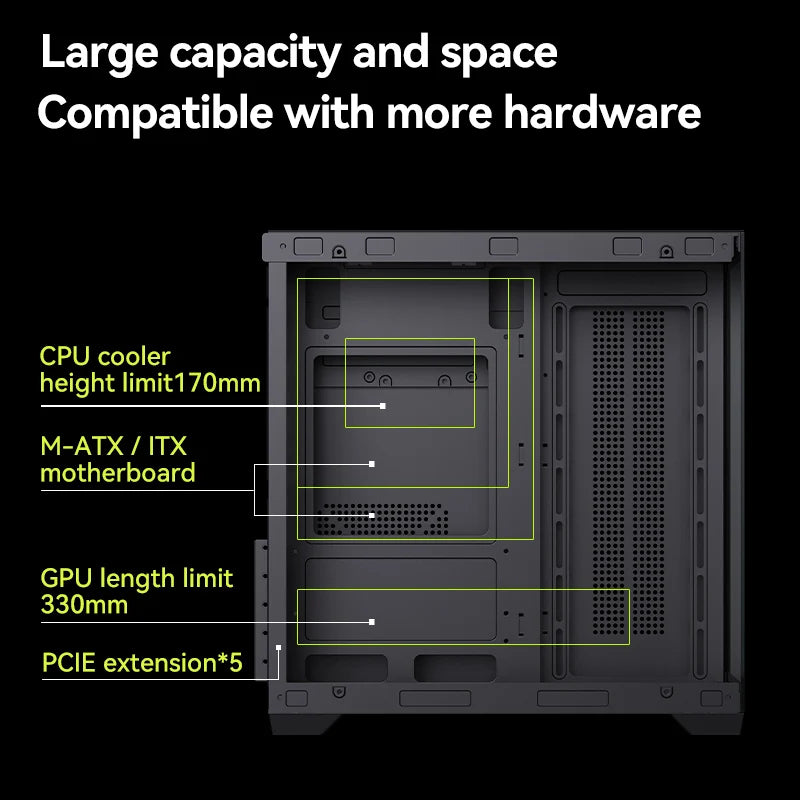 Computer case with dimensions labeled on a black background