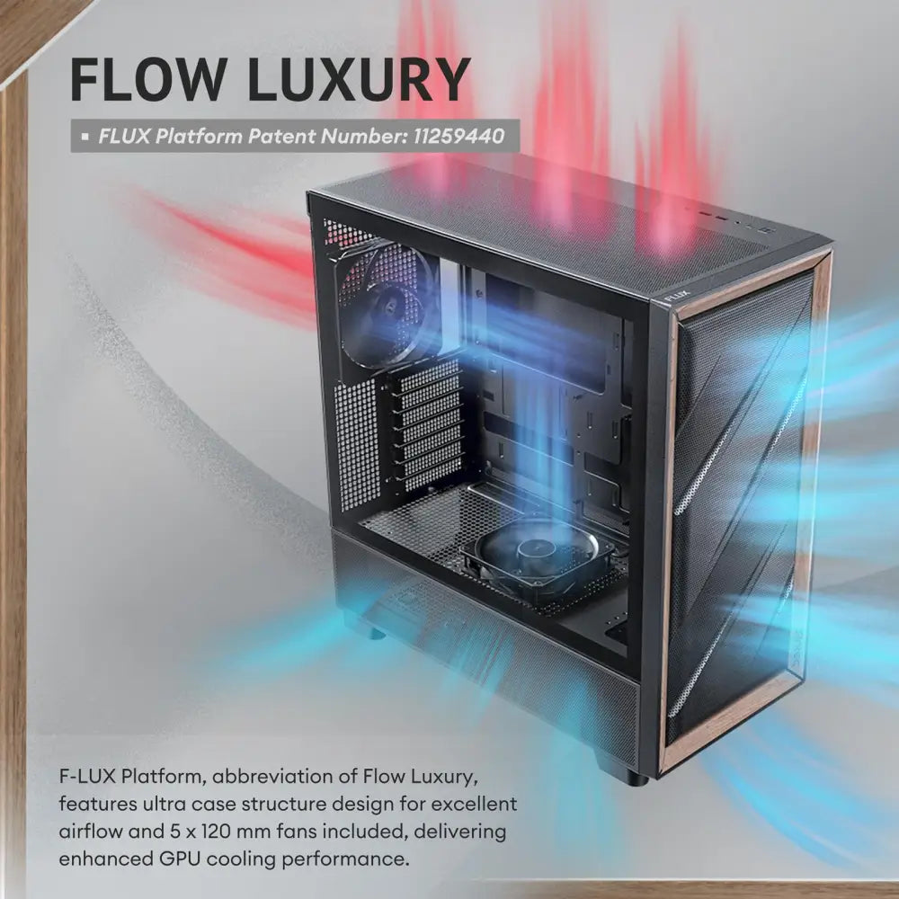 Antec Flux Wood 5 x PWM Fans Included High-Airflow Front Panel with Walnut PC Case - Computer Cases
