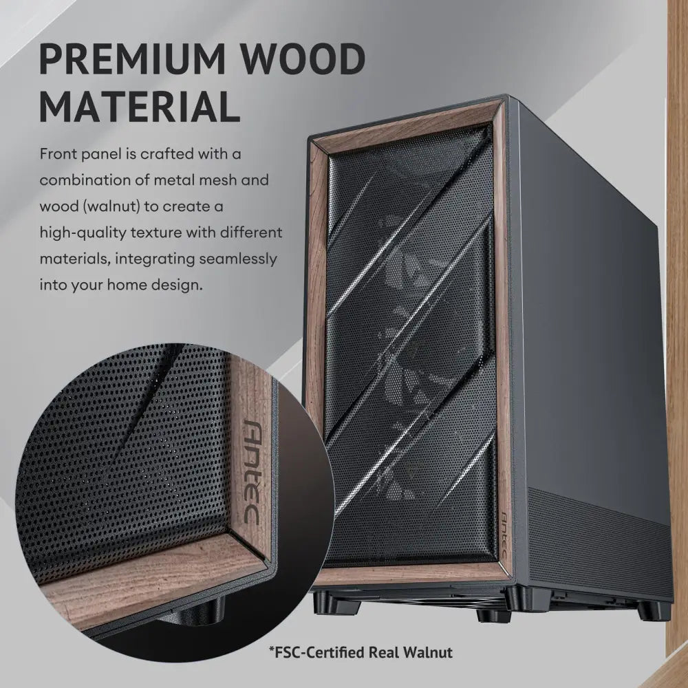 Antec Flux Wood 5 x PWM Fans Included High-Airflow Front Panel with Walnut PC Case - Computer Cases