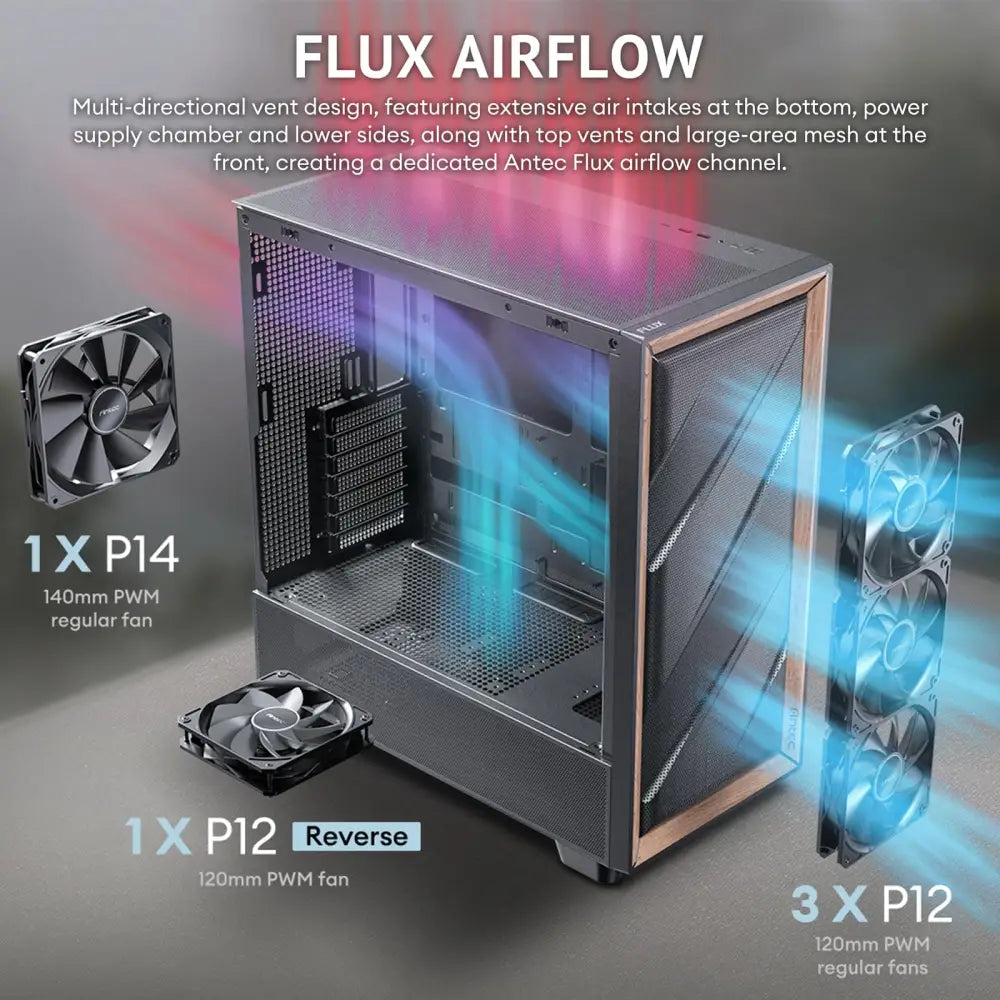 Antec Flux Wood 5 x PWM Fans Included High-Airflow Front Panel with Walnut PC Case - Computer Cases