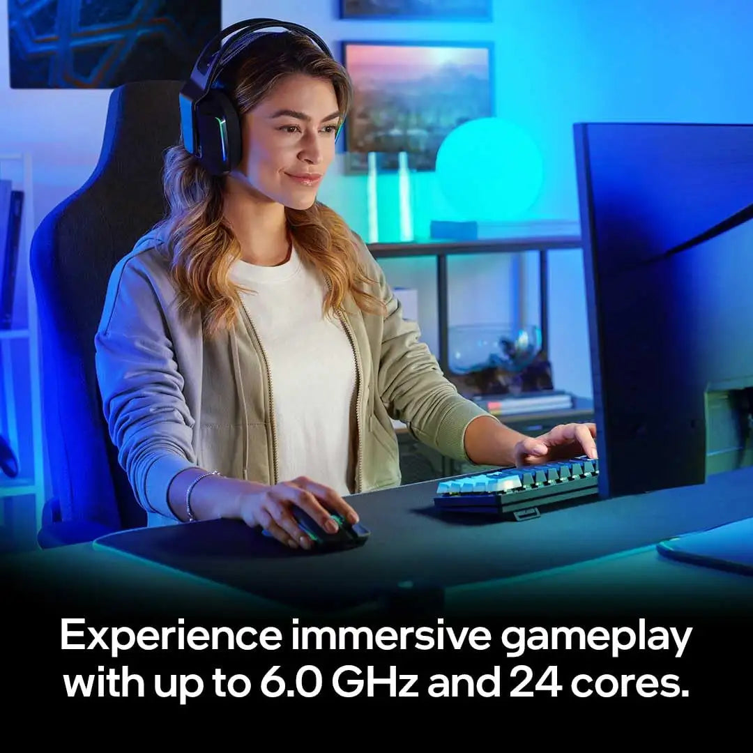 Woman playing a game on a computer with text about gaming performance.