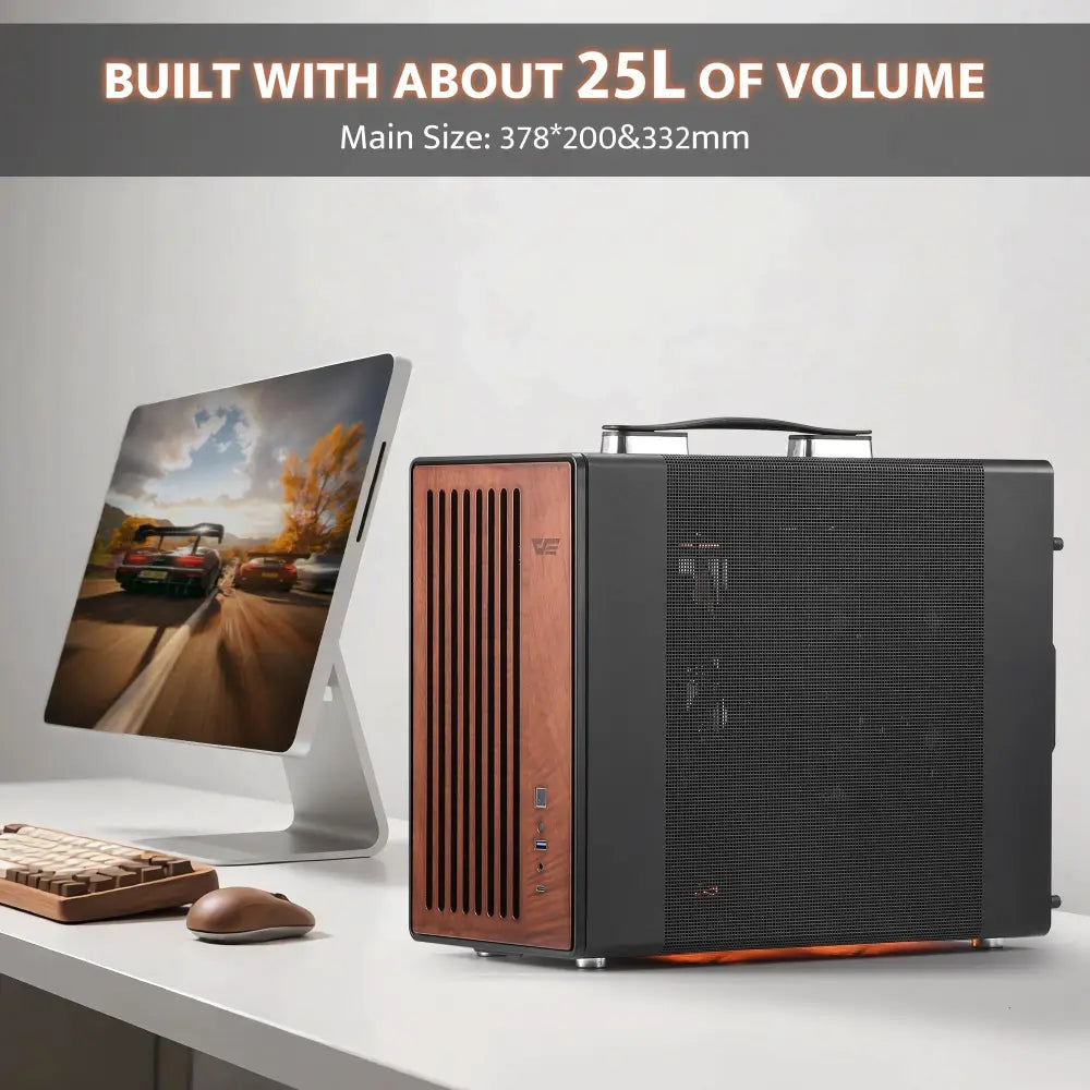 darkFlash WD200 Portable Micro-ATX PC Case – Walnut Wood & Mesh Design with Handle - Personal Computer