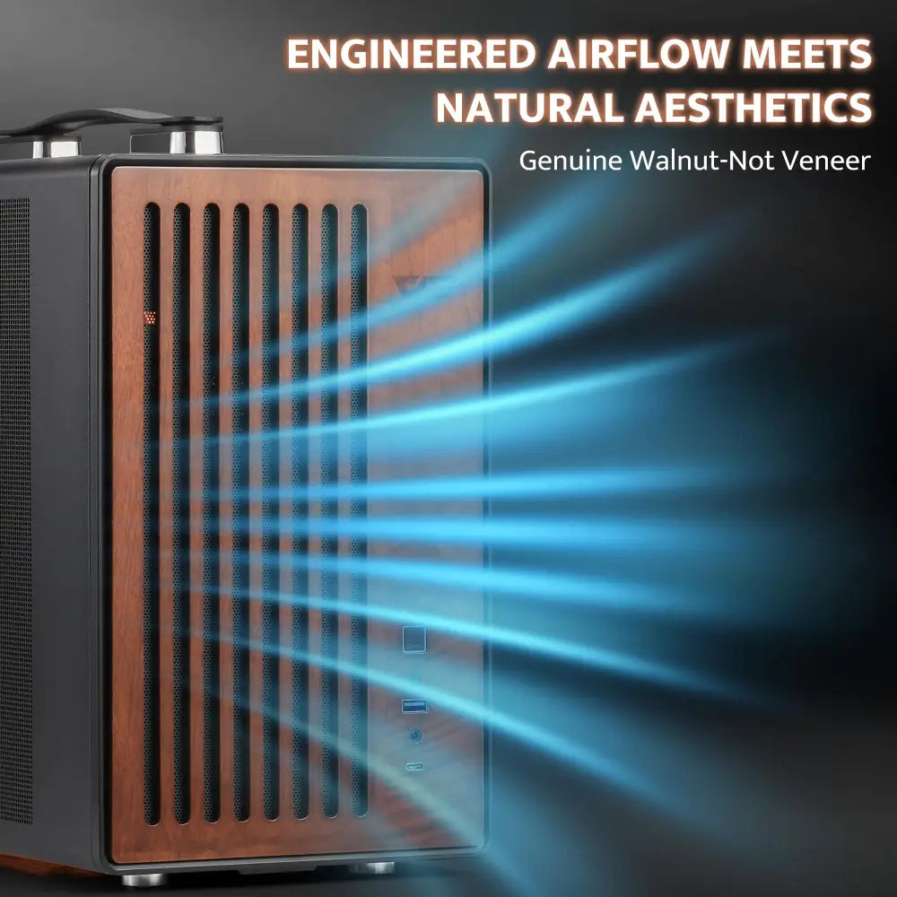 darkFlash WD200 Portable Micro-ATX PC Case – Walnut Wood & Mesh Design with Handle - Personal Computer