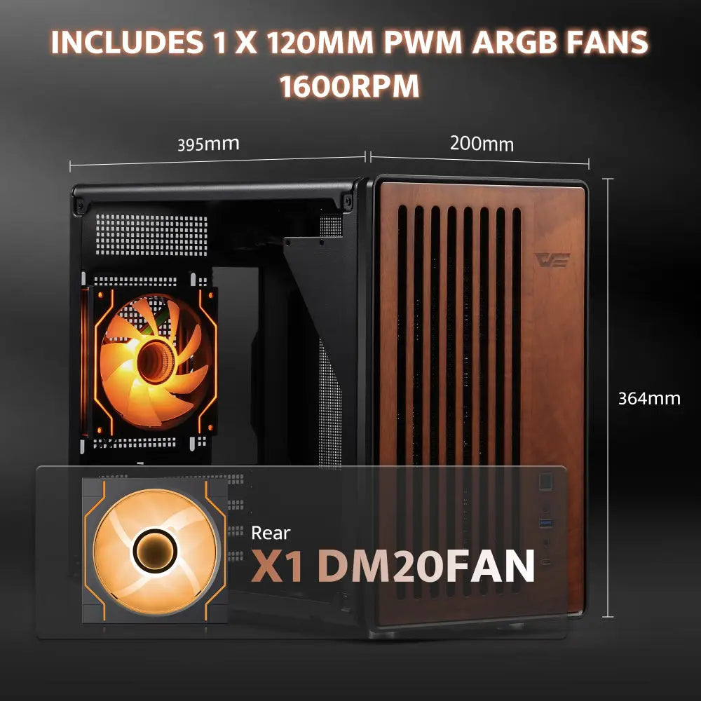 darkFlash WD200 Portable Micro-ATX PC Case – Walnut Wood & Mesh Design with Handle - Personal Computer