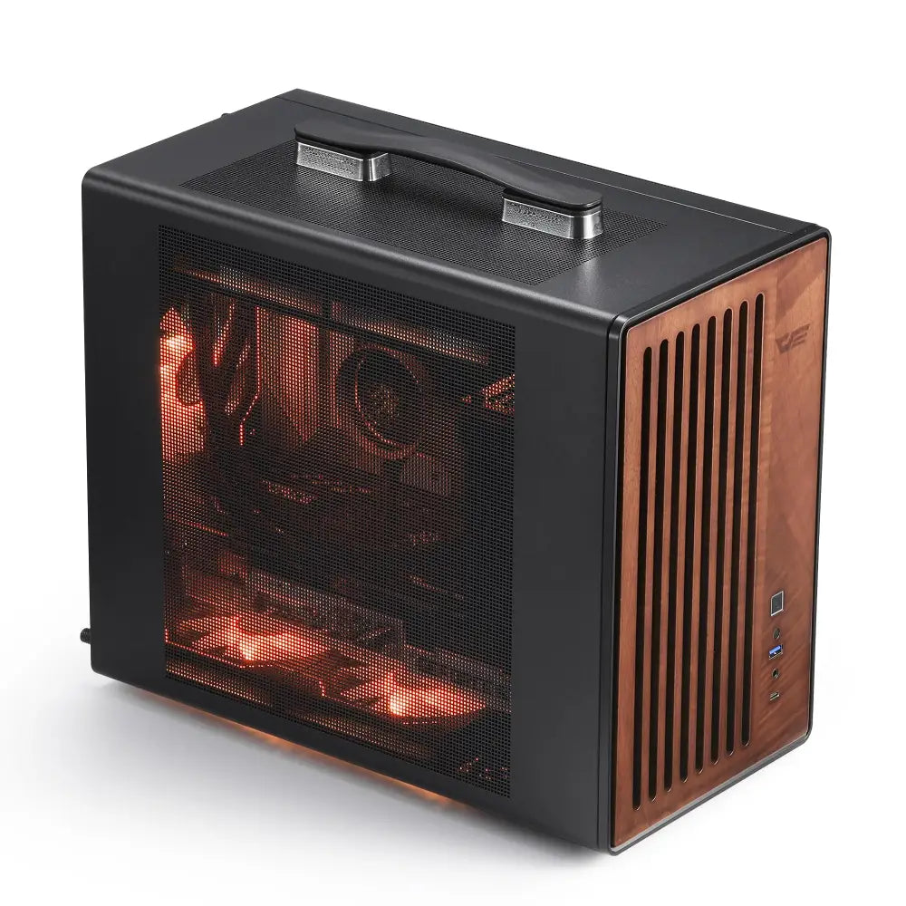 darkFlash WD200 Portable Micro-ATX PC Case – Walnut Wood & Mesh Design with Handle - Personal Computer