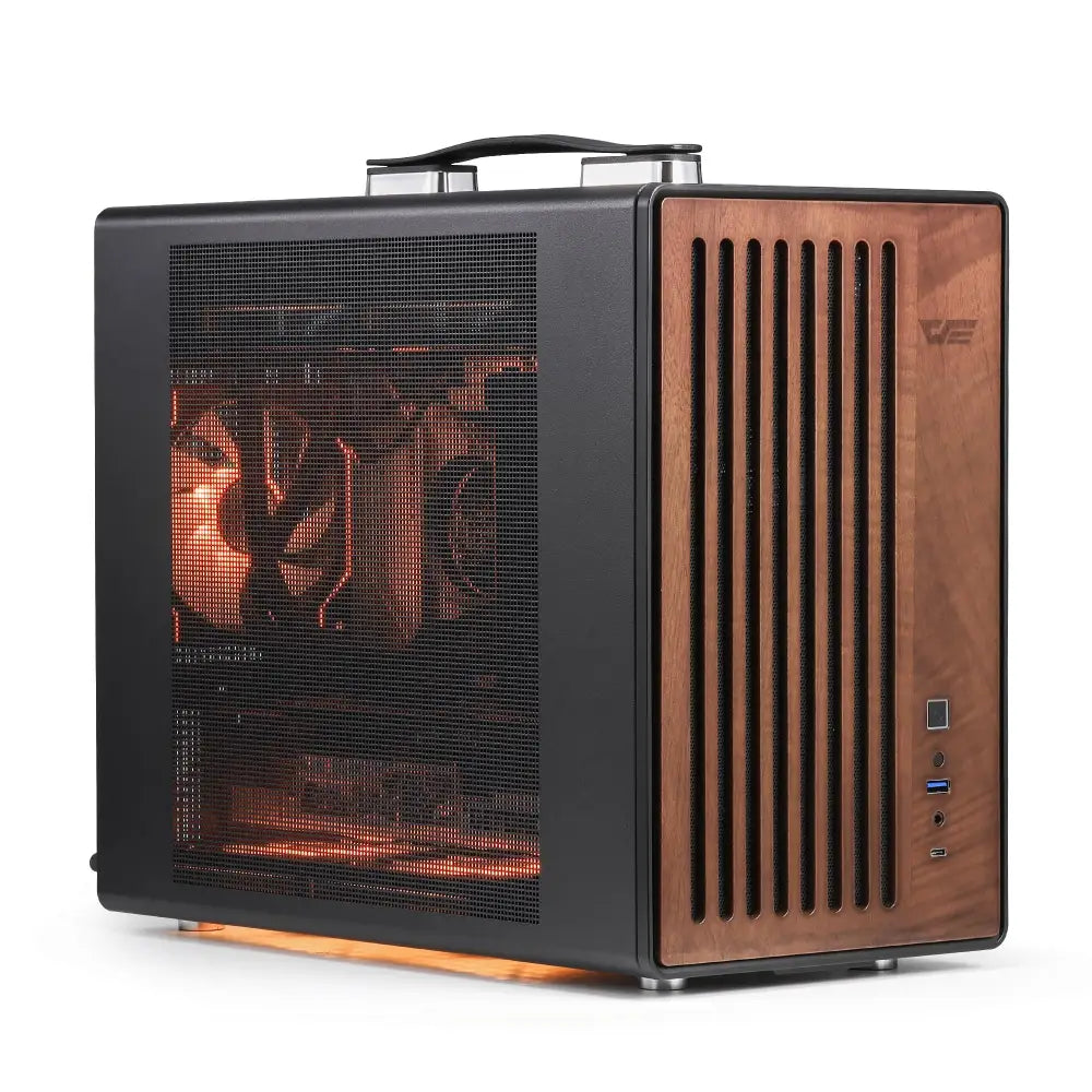 darkFlash WD200 Portable Micro-ATX PC Case – Walnut Wood & Mesh Design with Handle - Personal Computer