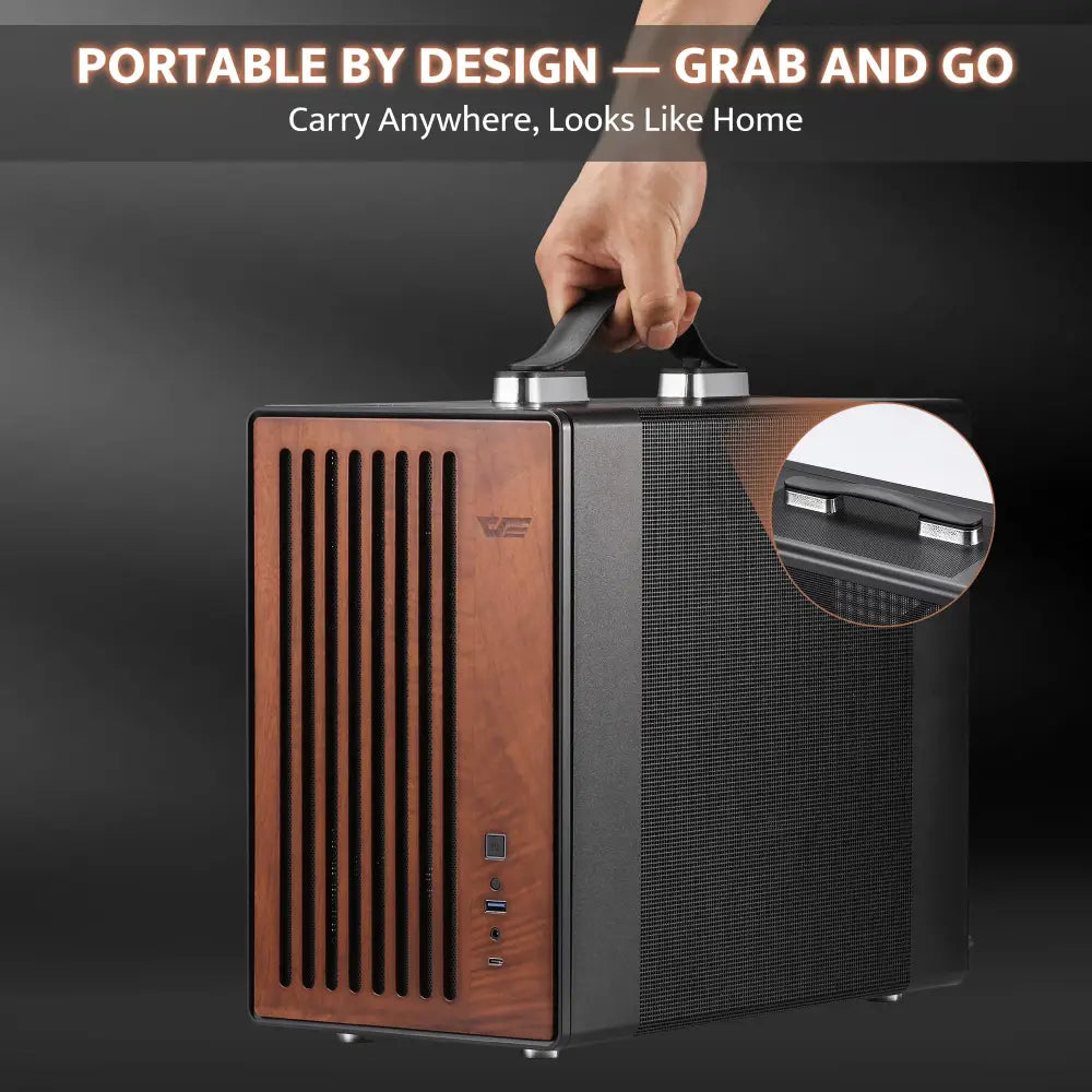 darkFlash WD200 Portable Micro-ATX PC Case – Walnut Wood & Mesh Design with Handle - Personal Computer