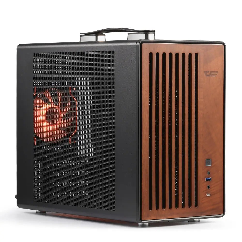 darkFlash WD200 Portable Micro-ATX PC Case – Walnut Wood & Mesh Design with Handle - Personal Computer