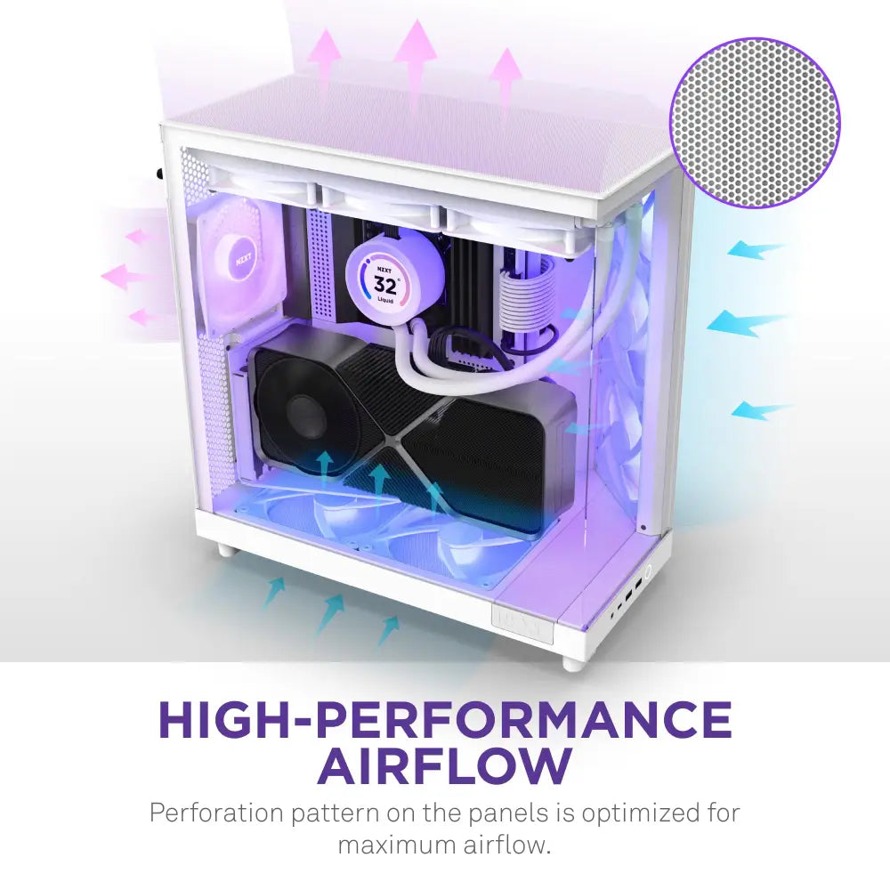 NZXT H6 Flow RGB Mid-Tower Airflow PC Case with 3 Fans Panoramic Glass Panels - White - Personal Computer