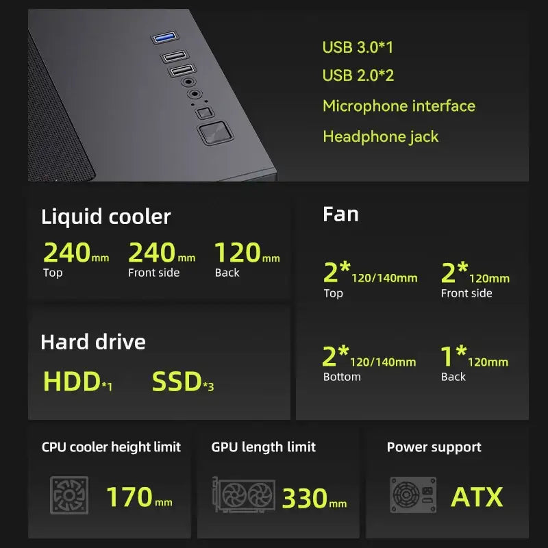 SNOWMAN 049 MidTower Black Gaming Chassis Triple Cooling Zones 240mm Top 160mm Height Radiator 330mm L GPU PSU Vertical